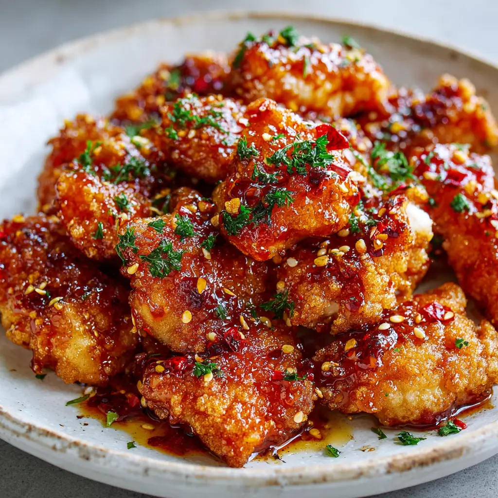 A serving of Baked Hot Honey Chicken on a rustic white ceramic plate, showing the caramelized edges and thick, dripping sweet and spicy sauce.