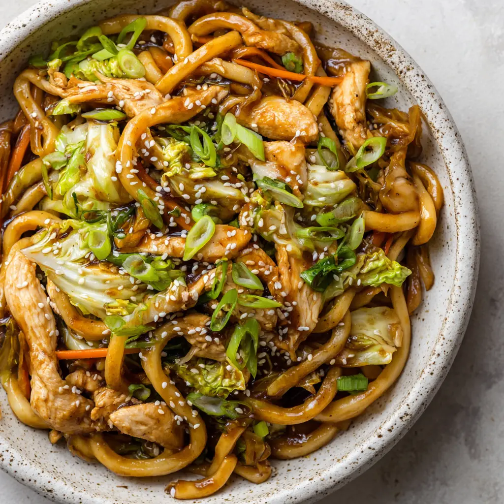A detailed close-up of chicken Yaki Udon, highlighting the texture of the thick noodles and the fresh scallion garnish.