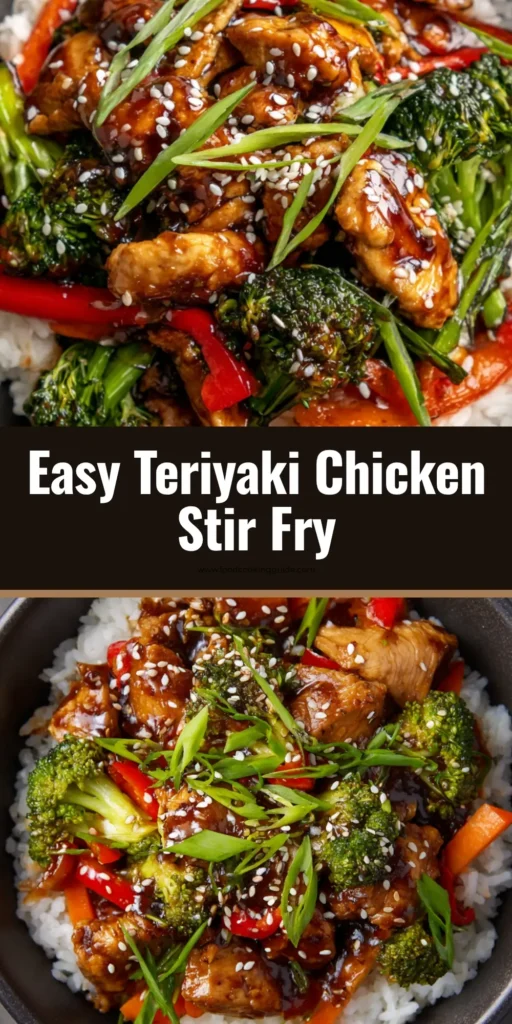 Ultimate Teriyaki Chicken Stir Fry (Picture-Perfect Recipe) 4 A close-up, top-down view of a homemade teriyaki chicken stir fry in a dark ceramic bowl, featuring glossy chicken, broccoli, and carrots over rice.