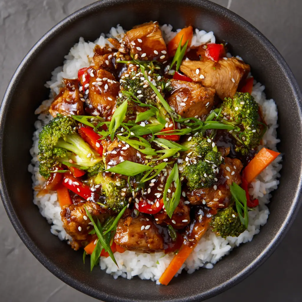 Ultimate Teriyaki Chicken Stir Fry (Picture-Perfect Recipe) 1 An overhead shot of the Teriyaki Chicken Stir Fry, highlighting the texture of the pan-seared chicken, diagonal-cut carrots, and toasted sesame seed garnish.