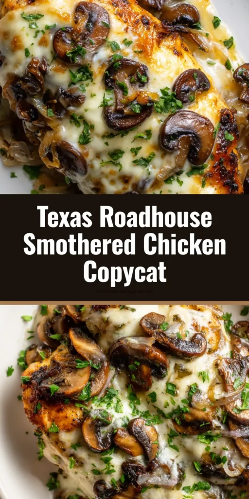 A close-up overhead shot of cooked golden-brown grilled chicken breasts completely smothered in sauteed sliced cremini mushrooms, caramelized white onions, and melted Monterey Jack cheese. (Texas Roadhouse smothered chicken)