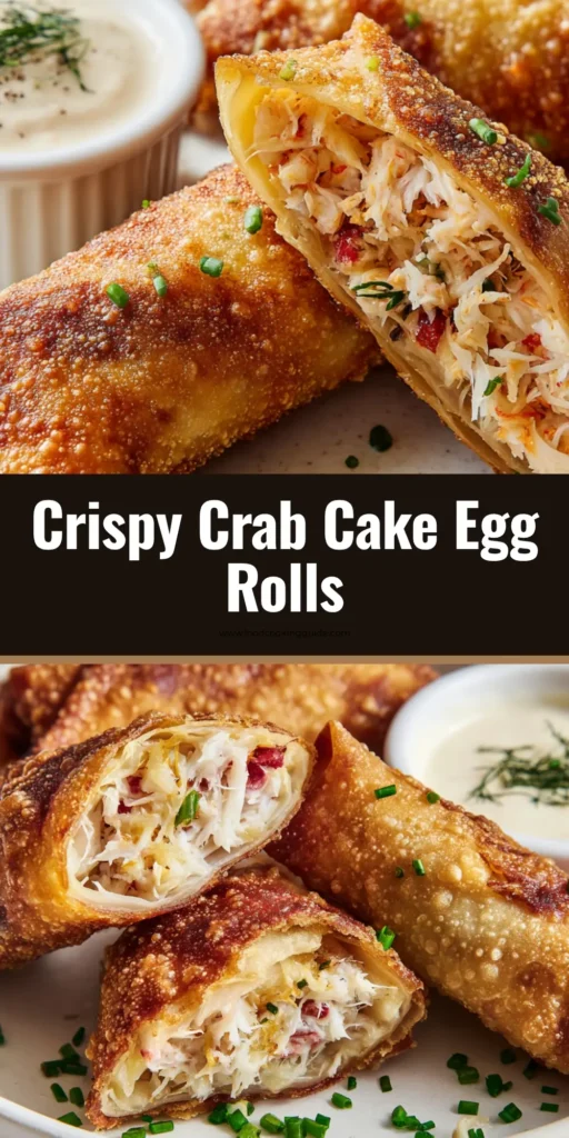 Close up view of diagonally cut Crab Cake Egg Rolls revealing a flaky crab filling, served with creamy tartar sauce and chopped green chives.