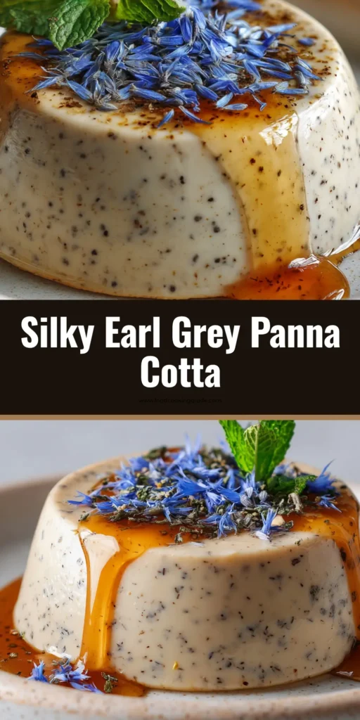 A close-up of a creamy, smooth Earl Grey panna cotta turned out onto a minimalist ceramic plate with a glossy honey drizzle, blue cornflower petals, and fresh mint.