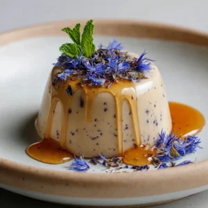 A close-up of a creamy, smooth Earl Grey panna cotta turned out onto a minimalist ceramic plate showing visible tea specks.