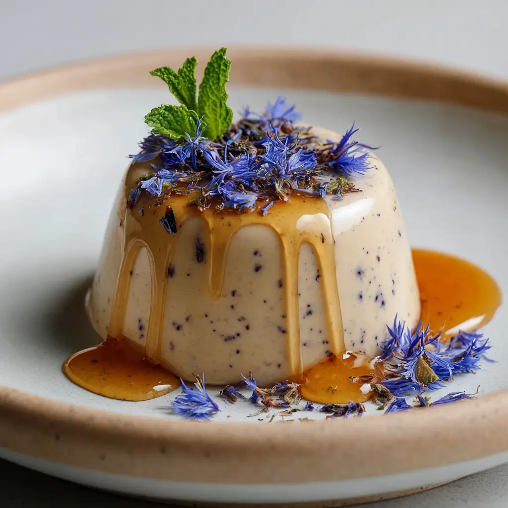 A close-up of a creamy, smooth Earl Grey panna cotta turned out onto a minimalist ceramic plate showing visible tea specks.