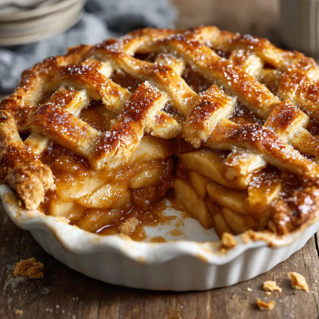 Close-up view of a freshly baked easy apple pie in a white ceramic pie dish with a golden-brown flaky lattice pastry crust. (Easy Apple Pie Recipe)