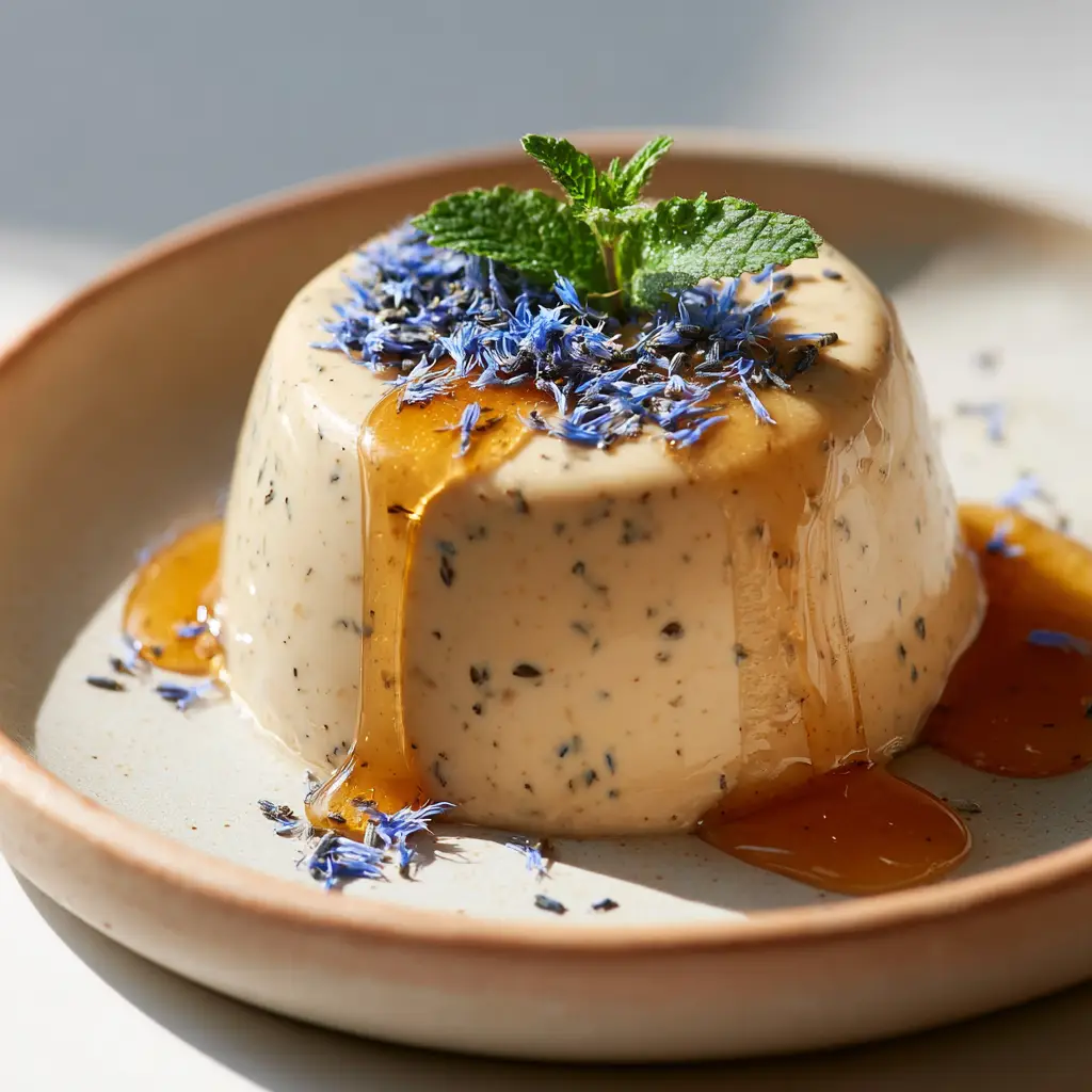 Overhead view of an Earl Grey Panna Cotta topped with light amber honey cascading down the side.