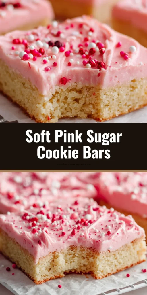 A close-up of thick, soft-baked Pink Sugar Cookie Bars on a white cooling rack, featuring a dense golden-blonde base and blush pink buttercream with colorful sprinkles.