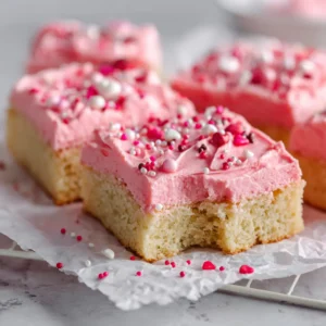One Pink Sugar Cookie Bar slightly pulled away, revealing a soft, chewy crumb interior on crinkled white parchment paper over a light marble countertop.