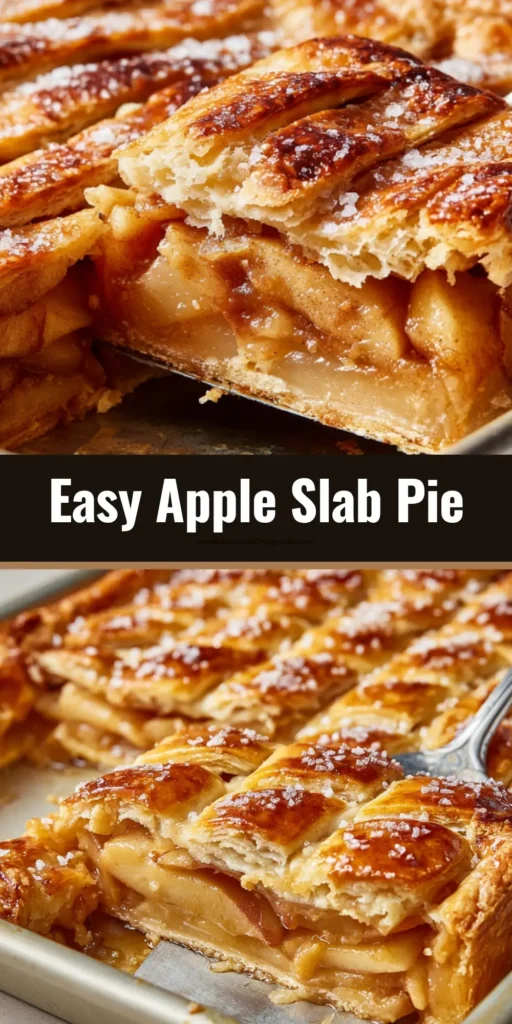 A freshly baked apple slab pie in a metal pan, showing a lifted square piece with dense apple layers and a flaky golden crust with coarse sugar.