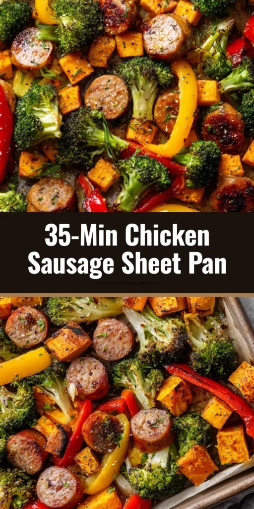 A close-up overhead view of a freshly baked chicken sausage sheet pan dinner resting on a metal baking sheet lined with parchment paper, densely packed with diagonal slices of seared sausage, roasted broccoli, cubed sweet potato, and thick bell peppers.