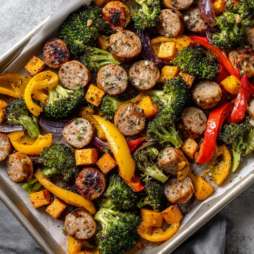 Close-up of vibrant green roasted broccoli florets with crispy tips and chunky cubes of roasted sweet potato with caramelized edges on a baking sheet.