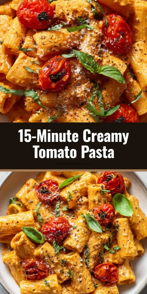 A shareable pin image of Creamy Roasted Tomato Pasta in a white bowl, showing rigatoni in a light orange-red sauce with blistered tomatoes and basil.