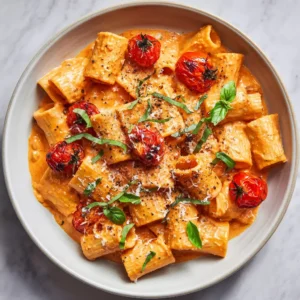 A close-up overhead shot of Creamy Roasted Tomato Pasta. The rigatoni is coated in a thick, velvety light orange-red sauce with charred cherry tomatoes and torn basil leaves in a matte white bowl.