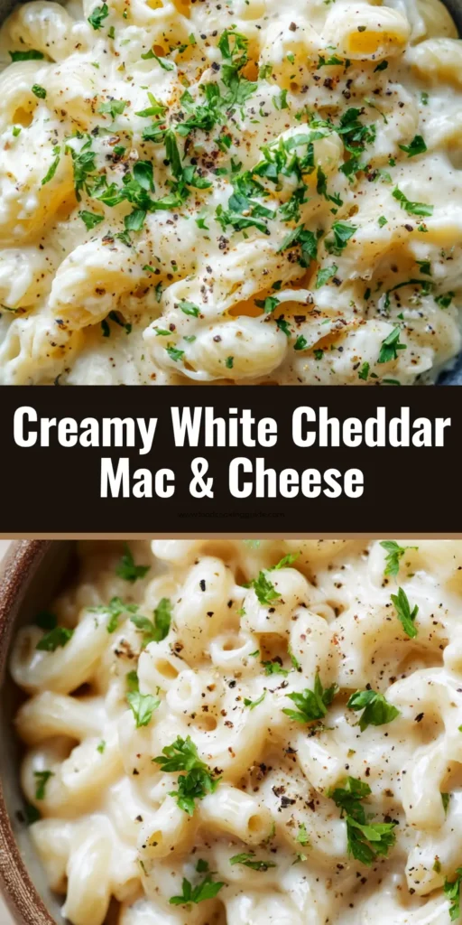 A close-up, top-down view of creamy stovetop white cheddar mac and cheese in a rustic bowl, garnished with black pepper and fresh parsley. (White Cheddar Mac and Cheese)