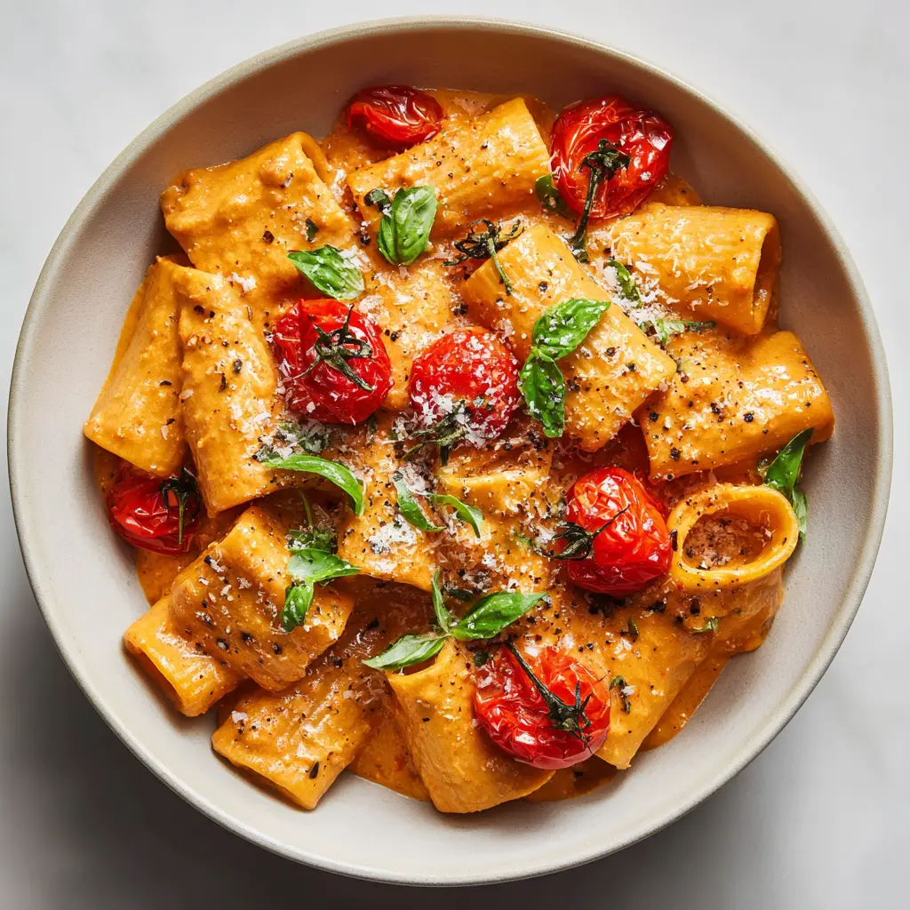 A detailed shot of the Creamy Roasted Tomato Pasta, highlighting the wrinkled skin of the blistered cherry tomatoes and the dusting of parmesan cheese.