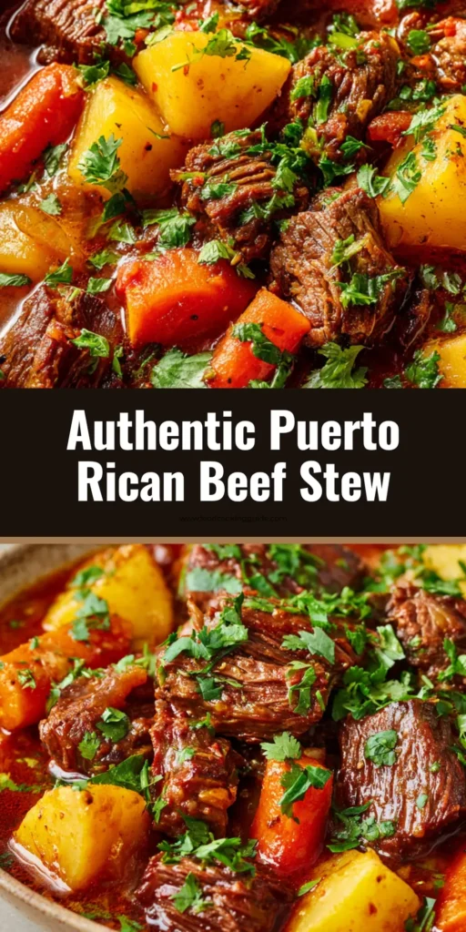 Authentic Puerto Rican Beef Stew (Carne Guisada) 4 A shareable pin image for a Puerto Rican Beef Stew recipe, showing the final dish in a rustic bowl.