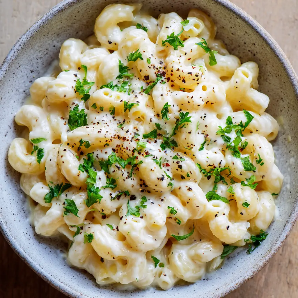 A rustic ceramic bowl filled with perfectly cooked elbow macaroni coated in a thick, glossy white cheddar sauce. (White Cheddar Mac and Cheese)