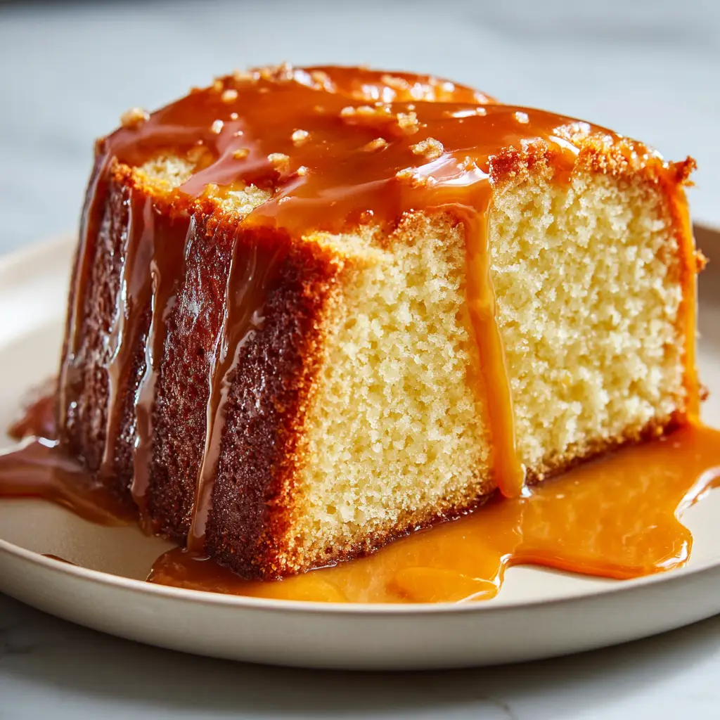 Close up of pale-yellow pound cake crumb and golden-brown crust drenched in amber caramel sauce.