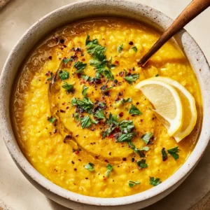 A detailed close-up shot of the thick, creamy texture of the golden Anti-Inflammatory Lentil Soup, highlighting the cooked lentils and rich turmeric base.