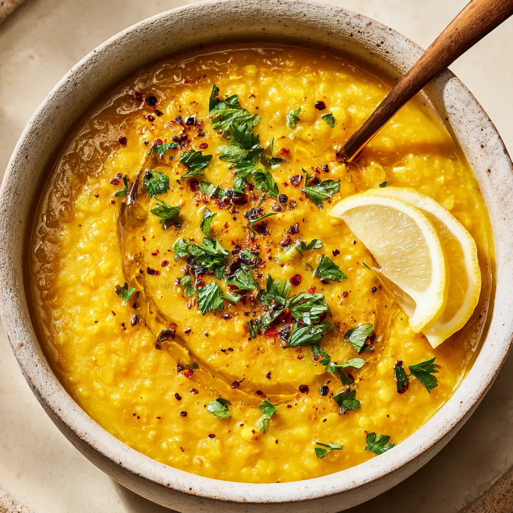 A detailed close-up shot of the thick, creamy texture of the golden Anti-Inflammatory Lentil Soup, highlighting the cooked lentils and rich turmeric base.