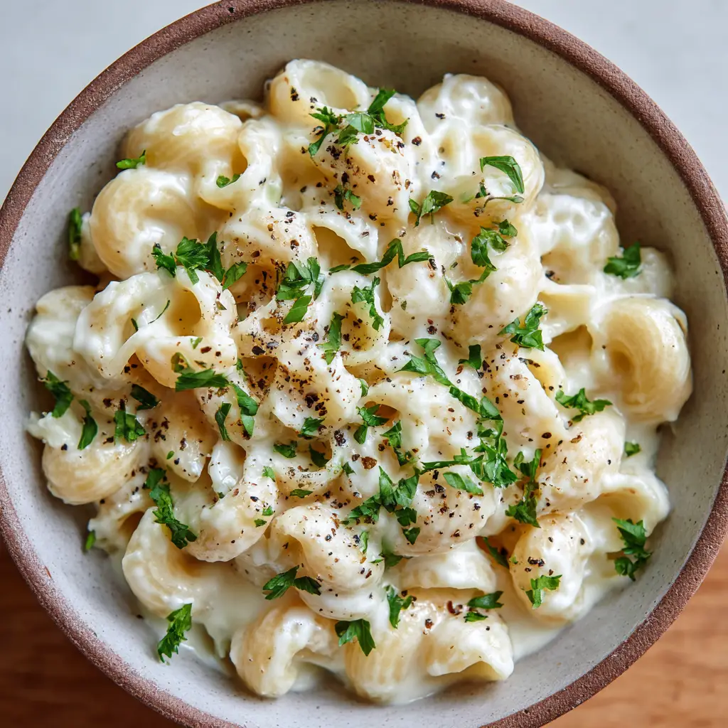 A detailed shot of creamy mac and cheese, showing small pools of melted white cheddar clinging to the pasta, garnished with parsley.