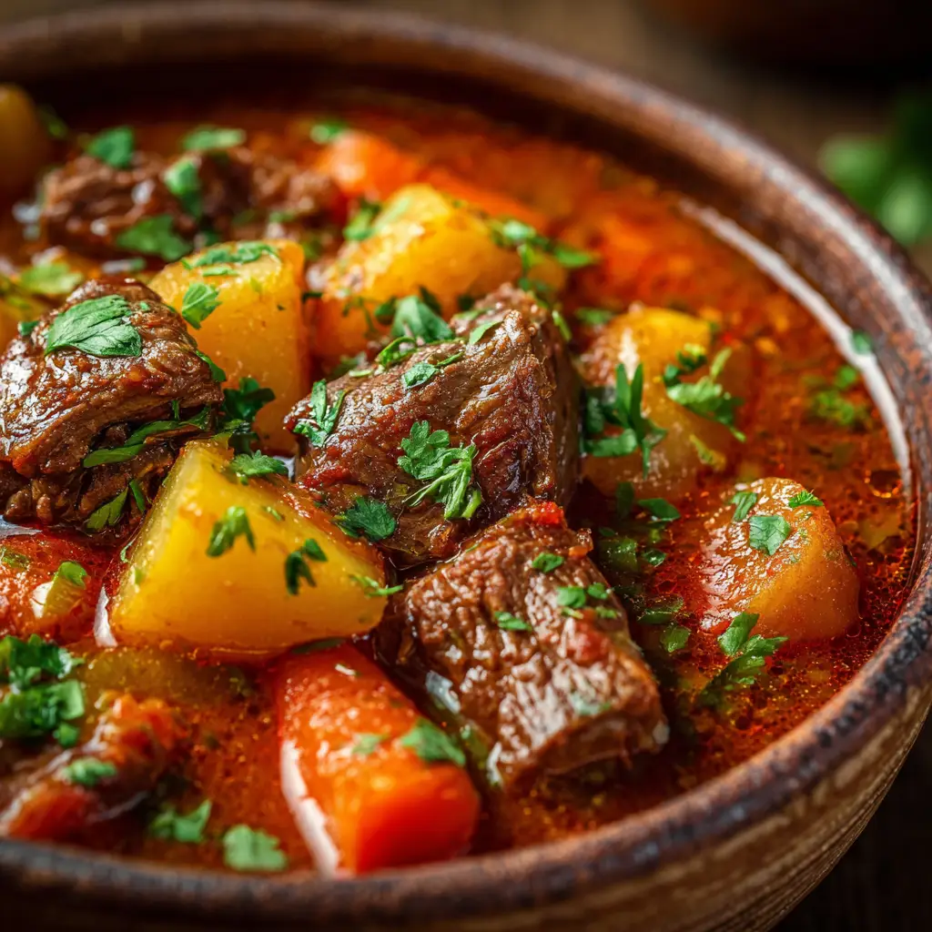 A close-up view of a hearty Puerto Rican Beef Stew in a rustic ceramic bowl. Tender beef chunks, diced yellow potatoes, and sliced carrots are visible in a thick, reddish-brown tomato broth, garnished with fresh cilantro.