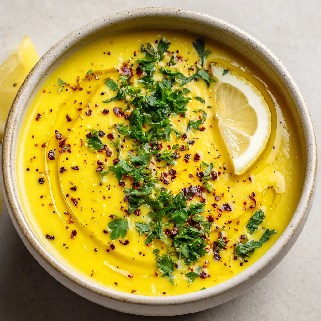 An overhead view of the Anti-Inflammatory Lentil Soup showing the vibrant garnishes: a drizzle of olive oil, chopped parsley, cracked pepper, chili flakes, and a fresh lemon wedge.