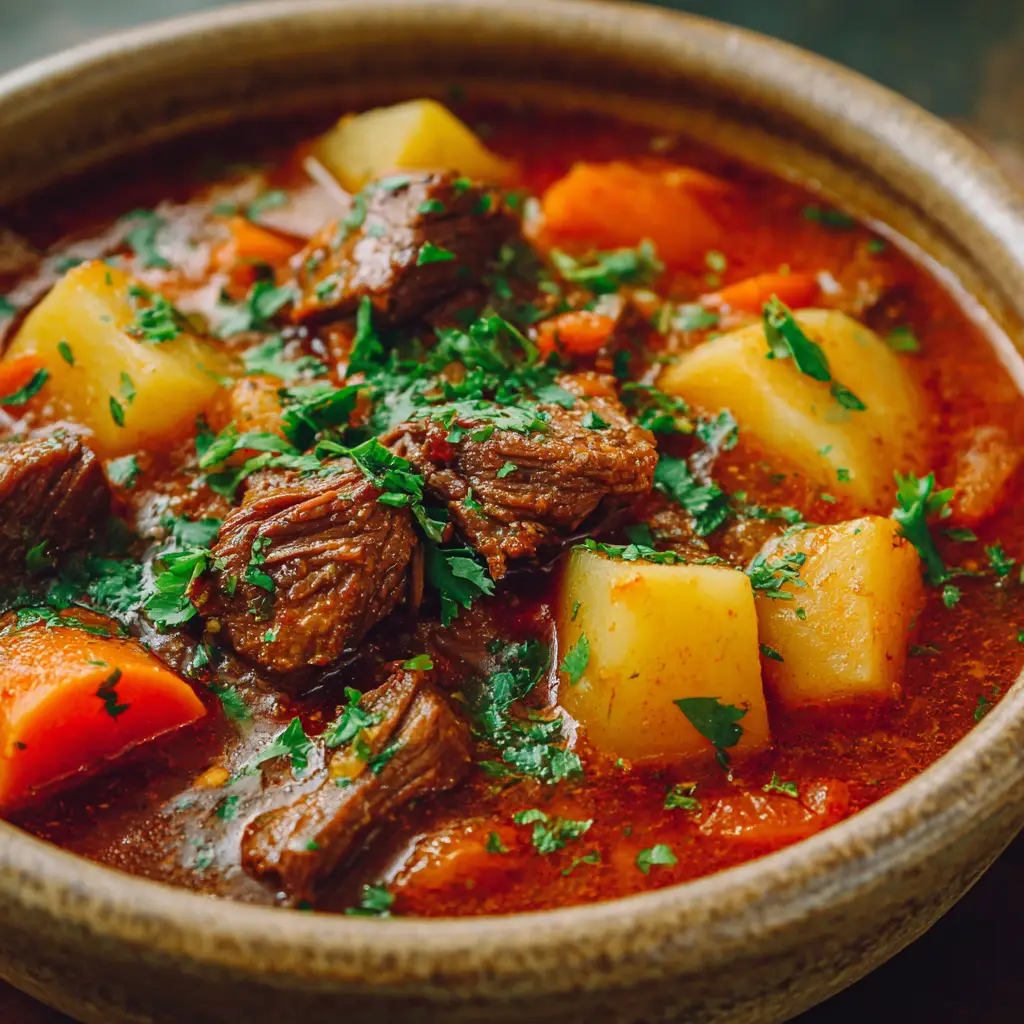 Authentic Puerto Rican Beef Stew (Carne Guisada) 1 An overhead shot of Puerto Rican Beef Stew, showcasing the tender chunks of beef chuck roast and soft vegetables.