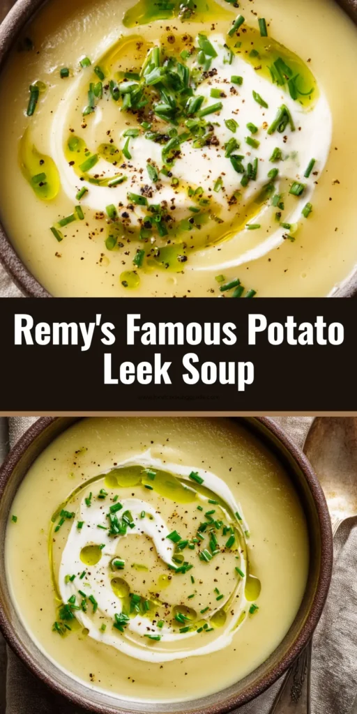 A bowl of velvety Gourmet Potato Leek Soup, garnished with a cream swirl, herb oil, chives, and cracked black pepper.
