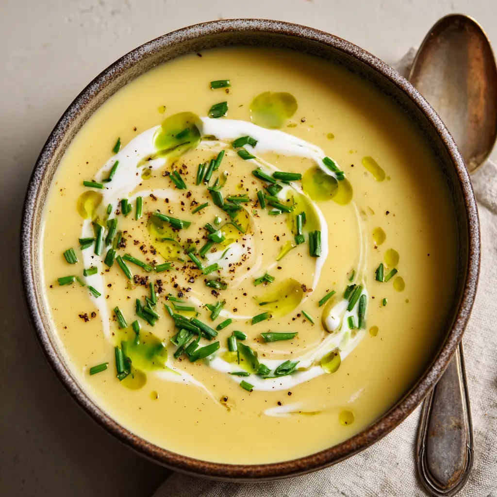 A close-up view of the smooth, pale golden-yellow texture of the Gourmet Potato Leek Soup in a rustic ceramic bowl.