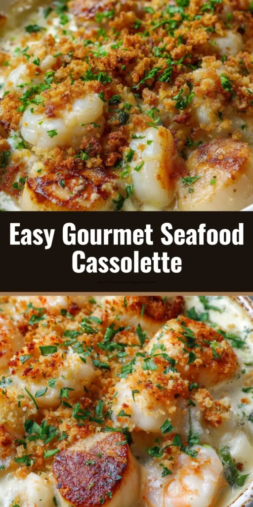 Ultimate Seafood Cassolette: A Creamy, Dreamy Recipe 4 A close up overhead shot of a creamy seafood cassolette in a white dish. Seared scallops, pink shrimp, and white fish are visible in the bubbling cream sauce, topped with golden breadcrumbs and parsley.