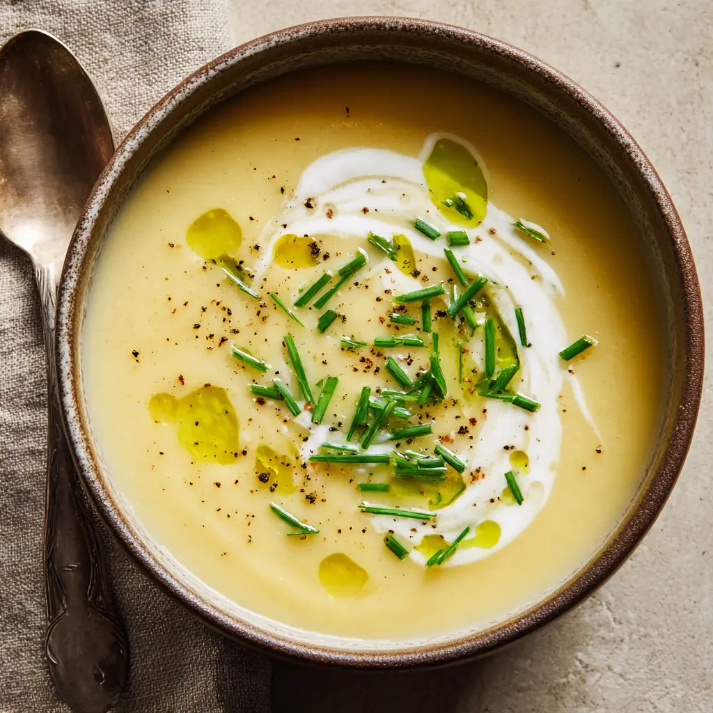 A beautifully garnished bowl of Gourmet Potato Leek Soup, showcasing the heavy cream swirl, vibrant green herb oil, and fresh chives.