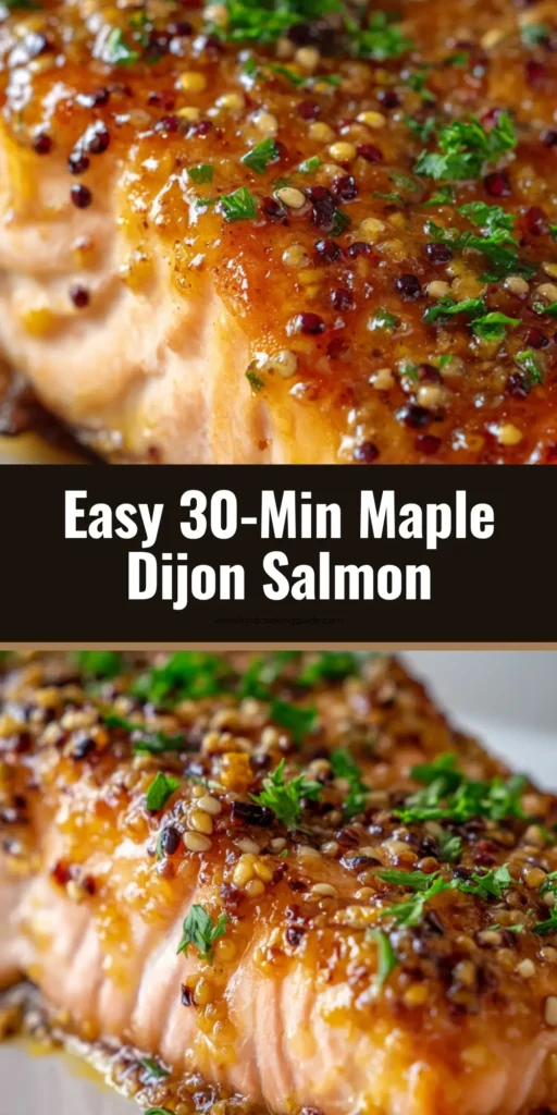 Maple Dijon Salmon: The Ultimate Recipe for a Sticky, Caramelized Glaze 4 A close-up of a perfectly baked Maple Dijon Salmon fillet on a white plate. The salmon has a glossy, sticky glaze with visible mustard seeds and caramelized edges, garnished with fresh parsley.