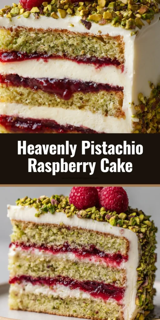 A perfect slice of Pistachio Raspberry Cake on a white dessert plate. The cake shows three pale green pistachio layers, with bright red raspberry jam and white mascarpone frosting in between. It is topped with chopped pistachios and fresh raspberries.