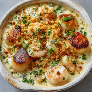 A close up side view of a creamy seafood cassolette. The rich white wine sauce is bubbling around seared scallops and shrimp in a rustic ceramic baking dish.