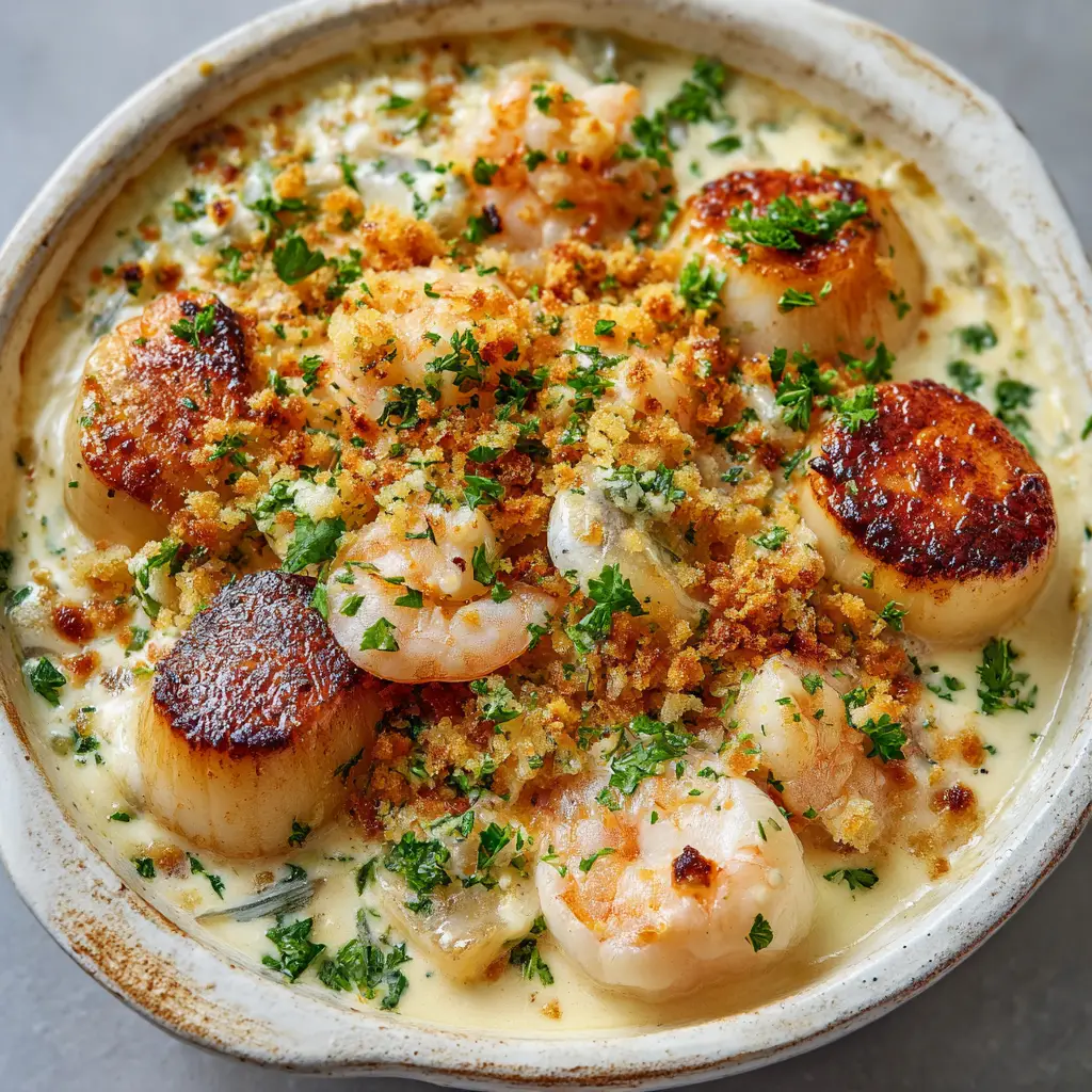 A close up side view of a creamy seafood cassolette. The rich white wine sauce is bubbling around seared scallops and shrimp in a rustic ceramic baking dish.
