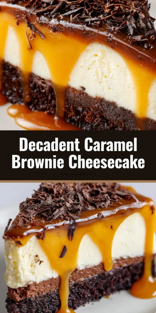 Overhead view of a luscious Caramel Brownie Cheesecake slice on a minimalist white ceramic plate with cascading glossy caramel.