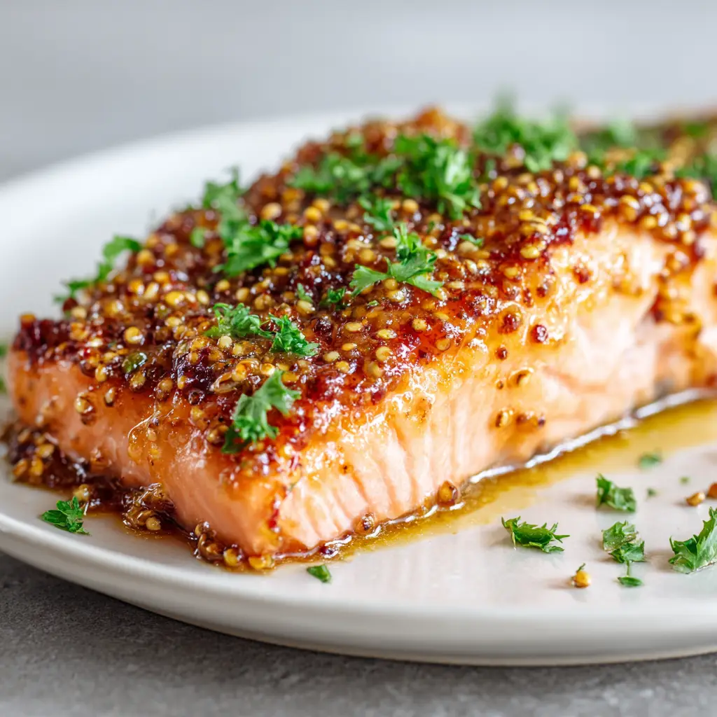 A detailed overhead shot of a baked Maple Dijon Salmon fillet. The flaky pink texture of the fish is visible beneath the thick, amber-colored maple mustard glaze.