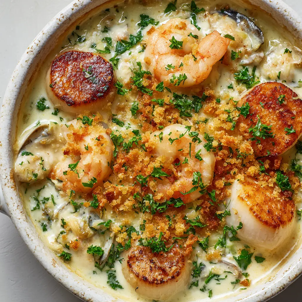 Ultimate Seafood Cassolette: A Creamy, Dreamy Recipe 1 A seafood cassolette in a white dish from a higher angle, highlighting the crispy golden toasted breadcrumbs and finely chopped fresh parsley topping.