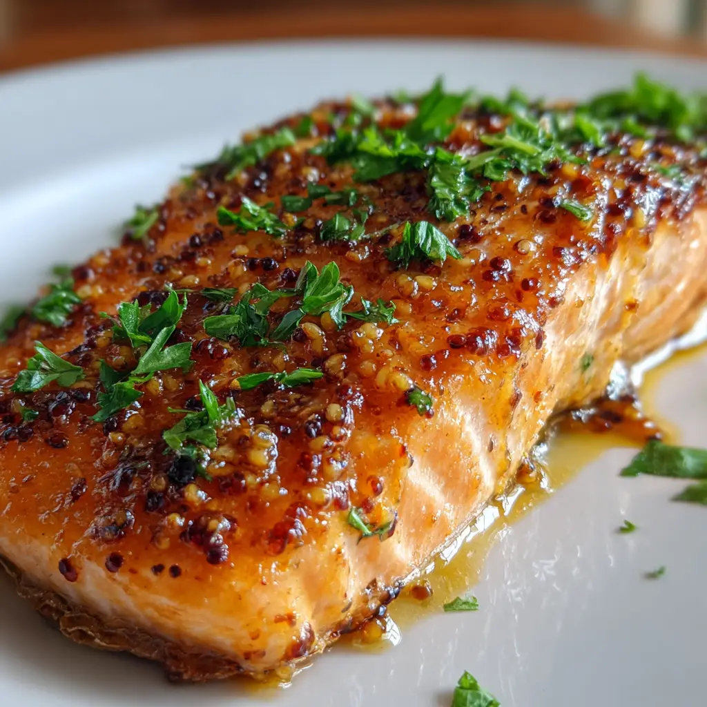 Maple Dijon Salmon: The Ultimate Recipe for a Sticky, Caramelized Glaze 1 A side view of the caramelized Maple Dijon Salmon, showing the charred edges and the generous coating of sticky glaze studded with whole grain mustard.