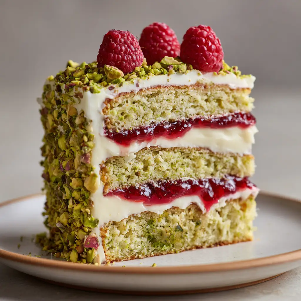 A side view of a slice of Pistachio Raspberry Cake, highlighting the semi-naked frosting style which reveals the green cake and red jam layers. The cake stands on a light-colored plate in soft natural daylight.