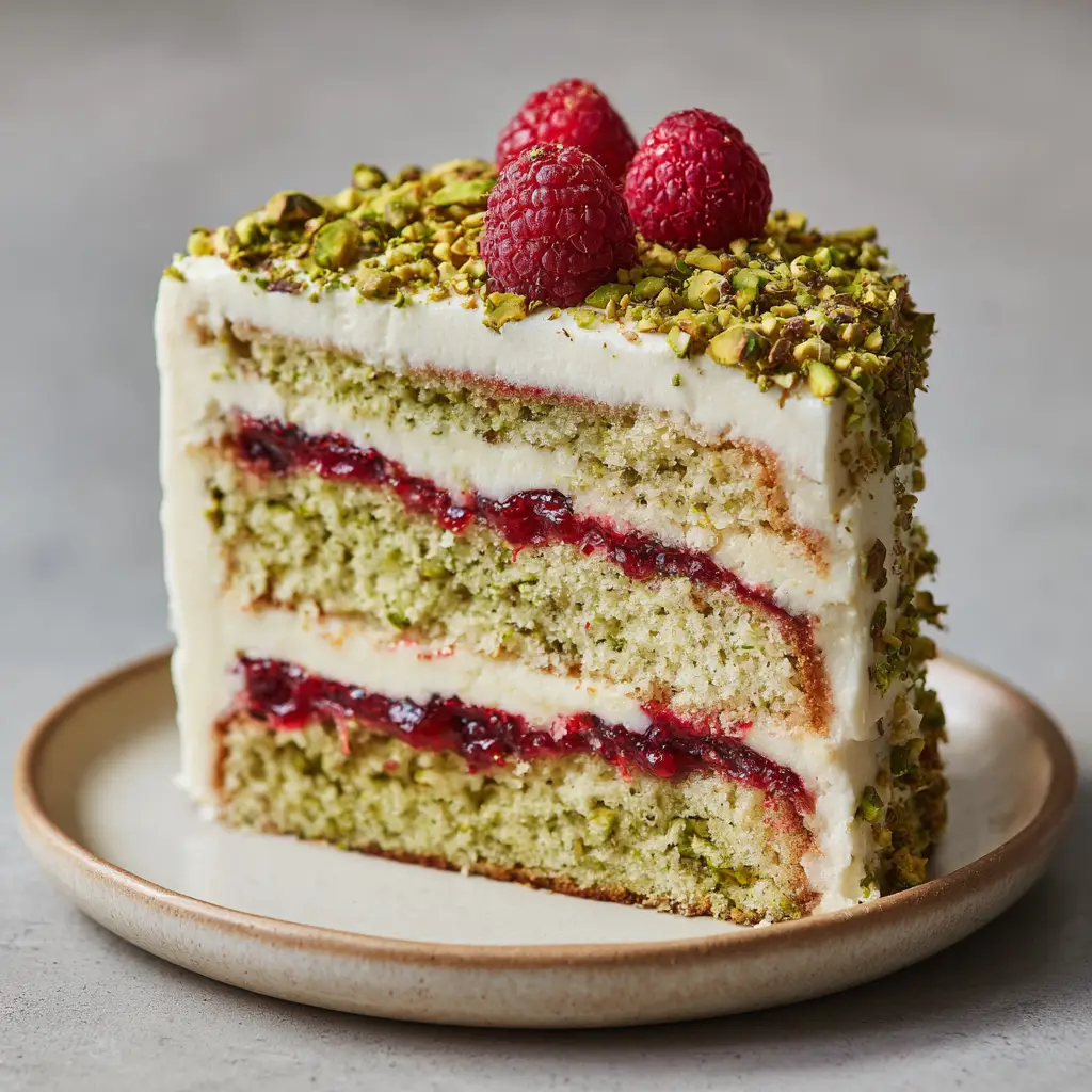A close-up view of the top of the Pistachio Raspberry Cake, showing the thick white frosting heavily garnished with a dense layer of coarsely chopped bright green pistachios and three plump red raspberries.