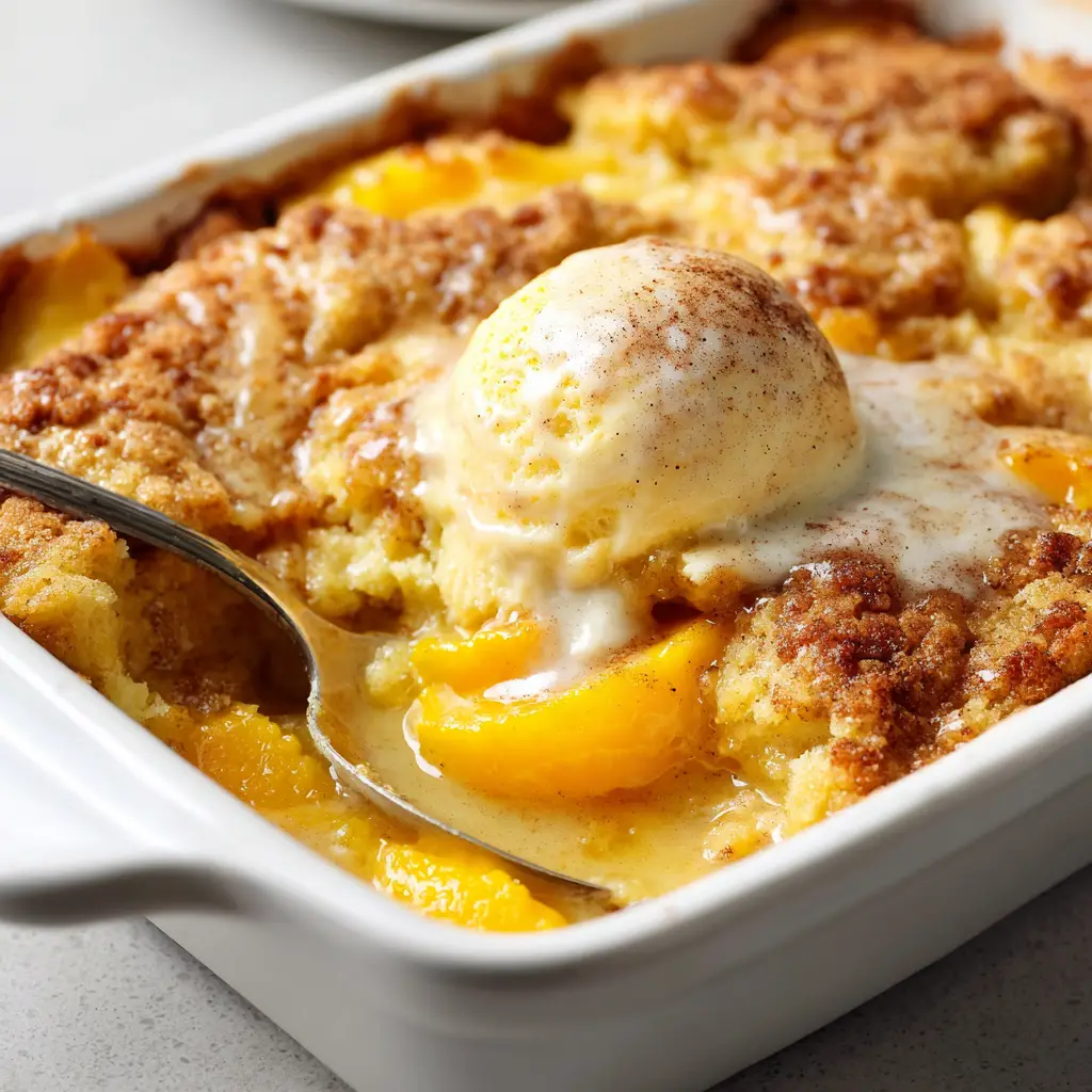 A close-up view of a freshly baked Peach Cobbler Dump Cake, showing the bubbly, golden-brown crust and syrupy peaches.
