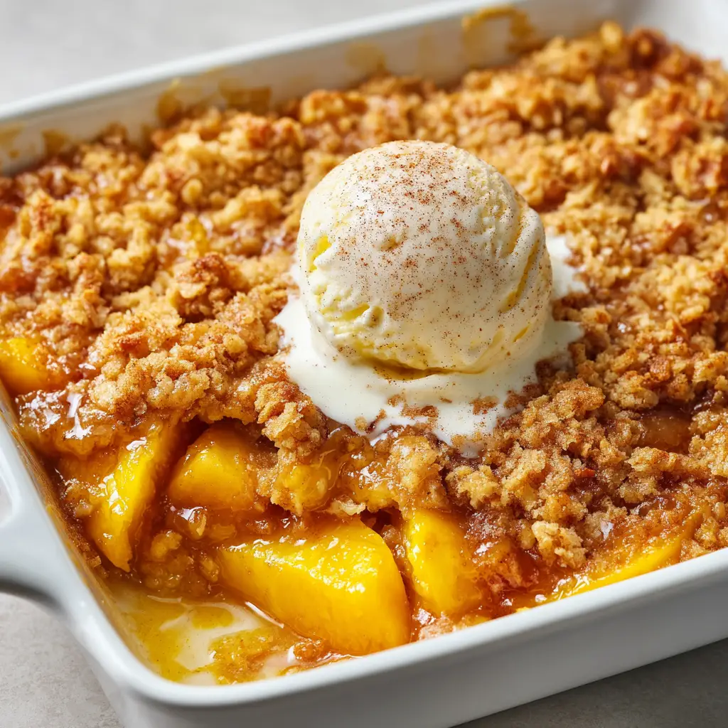 A scoop of vanilla bean ice cream melting into the warm, bubbly surface of a Peach Cobbler Dump Cake.