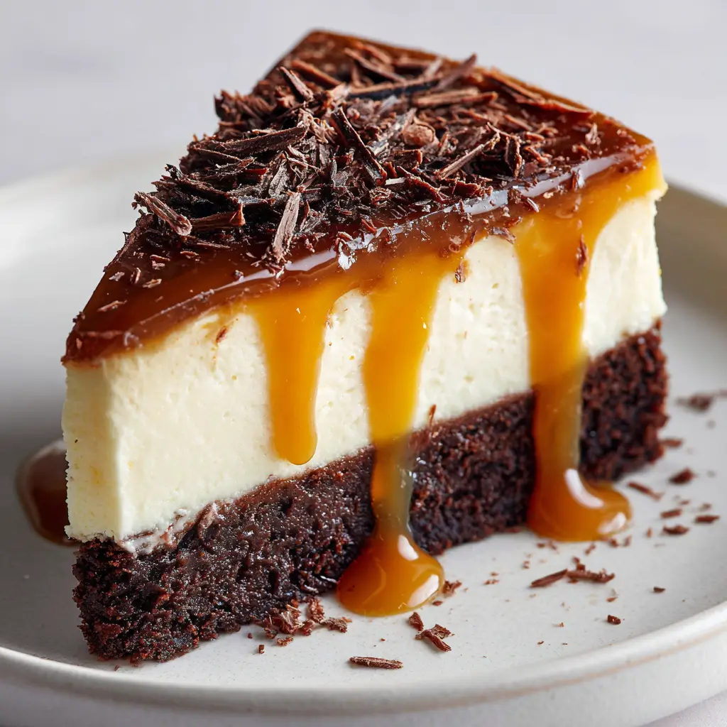 Cross-section of Caramel Brownie Cheesecake showing the dense dark brown fudgy base and pale ivory vanilla filling.