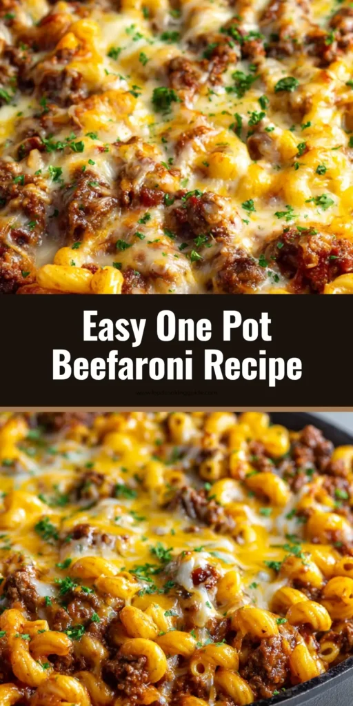 Ultimate One Pot Beefaroni: The 30-Minute Skillet Recipe You'll Crave 4 A close-up overhead shot of One Pot Beefaroni in a rustic skillet. The dish has a rich red sauce, browned ground beef, and is topped with melted yellow cheddar and white mozzarella cheese and fresh parsley.