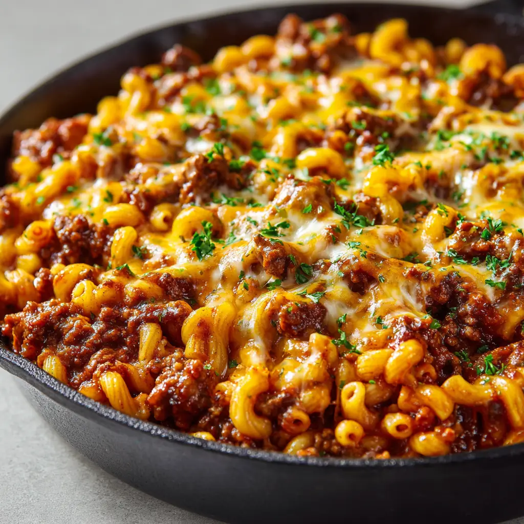 A detailed close-up of homemade One Pot Beefaroni served in a rustic black cast iron skillet. The elbow macaroni is coated in a thick, glossy red meat sauce with pools of melted cheddar and mozzarella cheese.