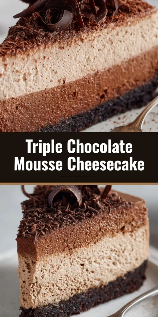 A tall slice of triple chocolate mousse cheesecake on a white plate. The dessert has a dark cookie crust, a creamy milk chocolate cheesecake layer, and a fluffy dark chocolate mousse top, garnished with chocolate shavings and cocoa powder.