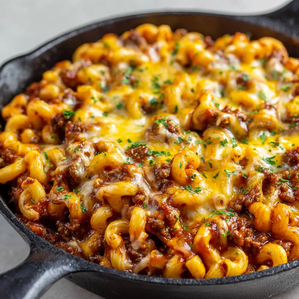 Ultimate One Pot Beefaroni: The 30-Minute Skillet Recipe You'll Crave 1 A side-angle view of One Pot Beefaroni, showing the texture of the seared ground beef, tender pasta, and stringy melted cheese, garnished with fresh green parsley.